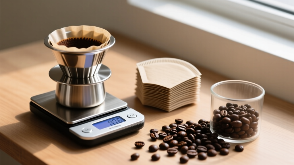 Steel reusable AeroPress coffee filter on a digital micro-scale next to a pile of compostable paper filters and dark roast coffee beans