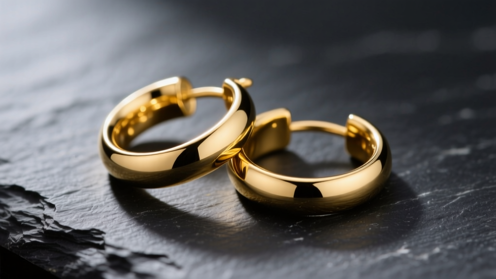 Macro shot of polished 10k yellow gold seamless hoop earrings on dark slate, soft directional lighting highlighting the metal grain.