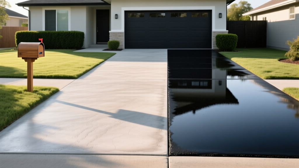 Split-screen driveway showing smooth broom-finished concrete on the left and fresh black asphalt on the right in a suburban home setting
