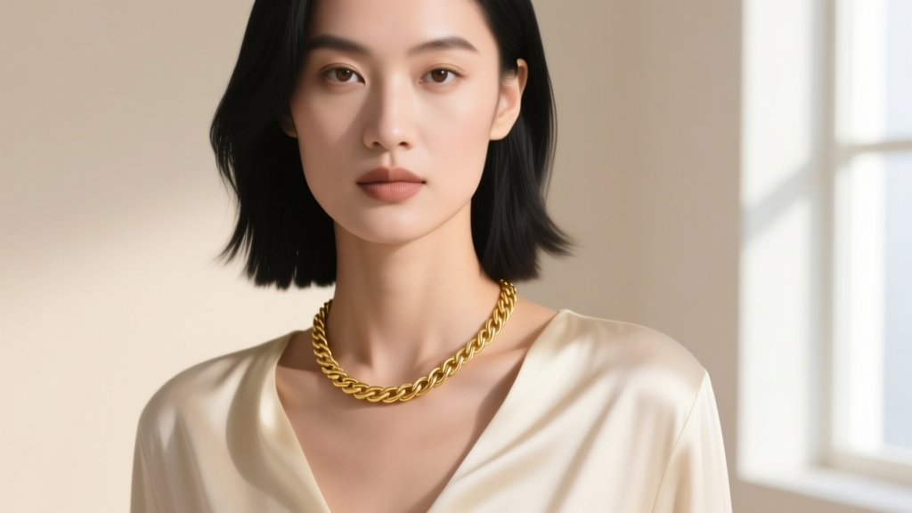 Model wearing a delicate 18-inch 14k gold cable chain necklace resting perfectly on her collarbone against a cream silk blouse