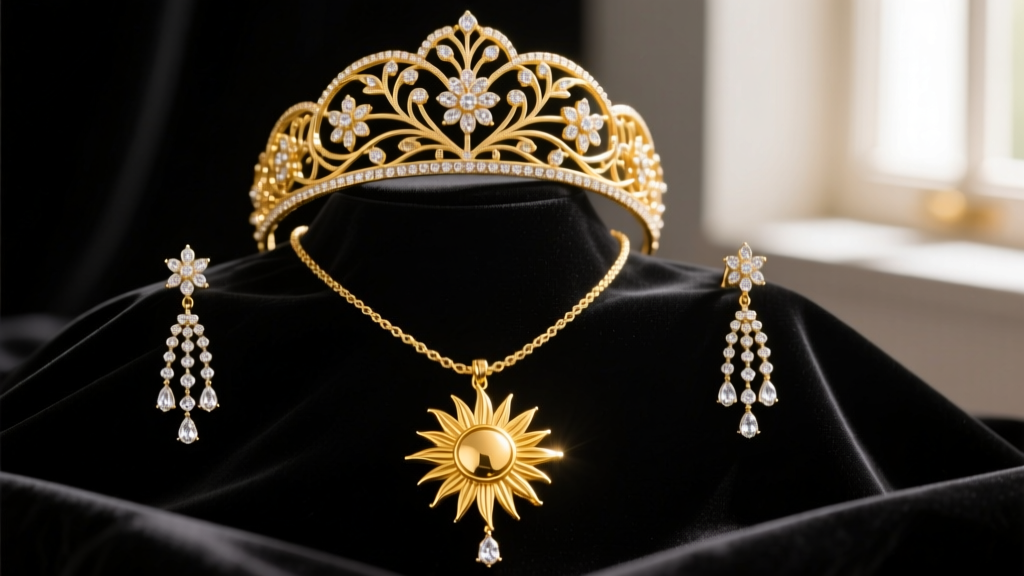 Elegant 14k yellow gold quinceanera jewelry set with filigree tiara, chandelier earrings, and pendant necklace on dark velvet