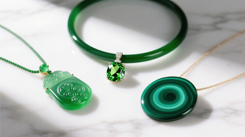 Flat lay of three green choker necklaces featuring carved jade, faceted peridot, and polished malachite on white marble, bright sun.