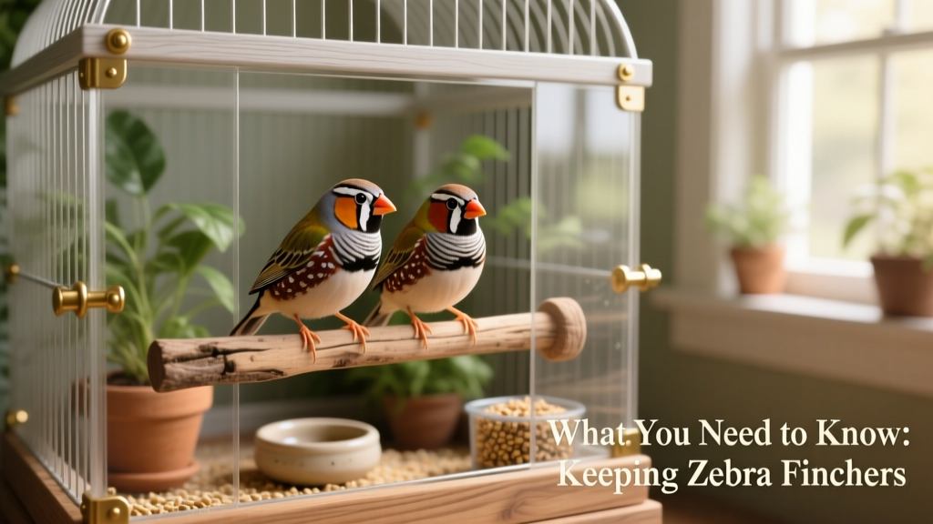 Two zebra finches perched side by side on a natural wood perch inside a spacious, well-equipped cage