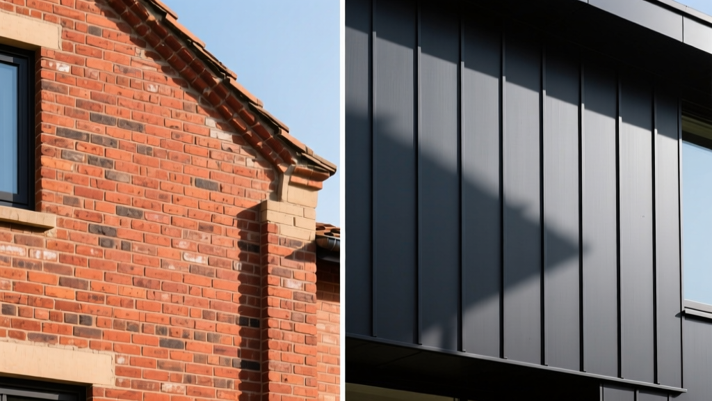 Split-view exterior showing traditional red clay brick masonry on the left and dark charcoal insulated vinyl siding panels on the right