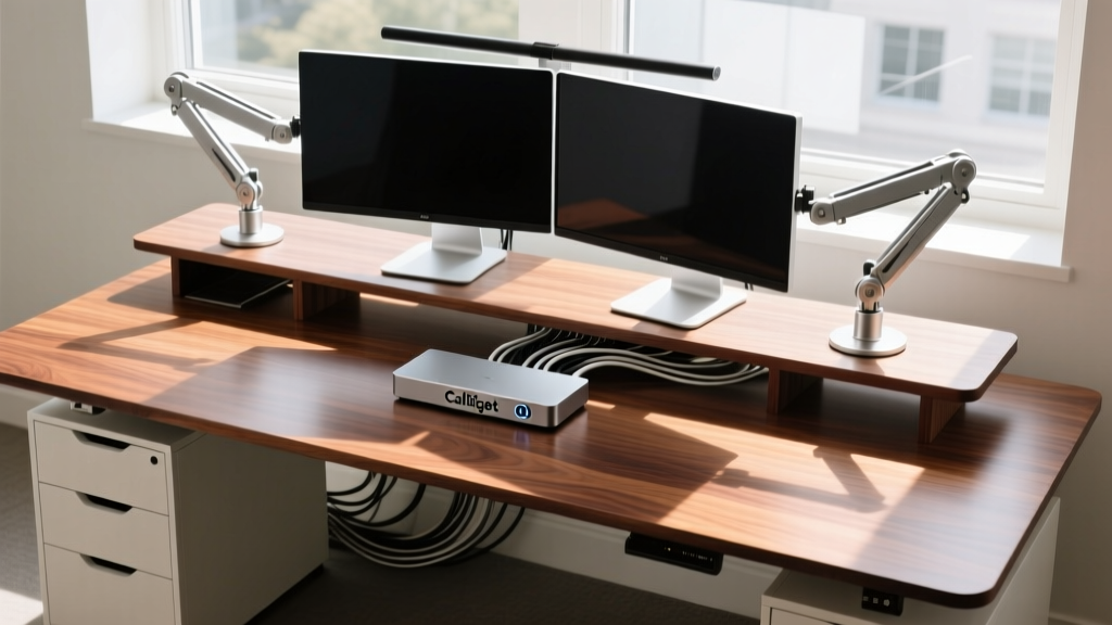 Overhead view of a pristine walnut standing desk featuring a CalDigit TS4 dock, dual monitors on Ergotron arms, and hidden cabling