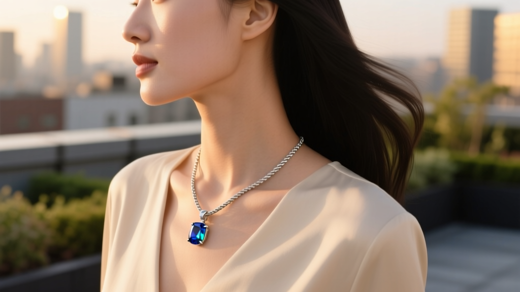 Side profile of a woman wearing a 22-inch rope chain with a sapphire pendant, resting perfectly just above the bustline.