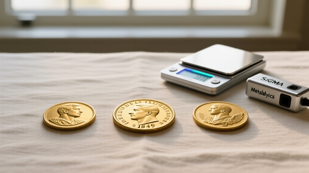 Flat lay of three gold rush era coins including a quarter eagle, arranged next to a digital scale and a Sigma Metalytics verifier.
