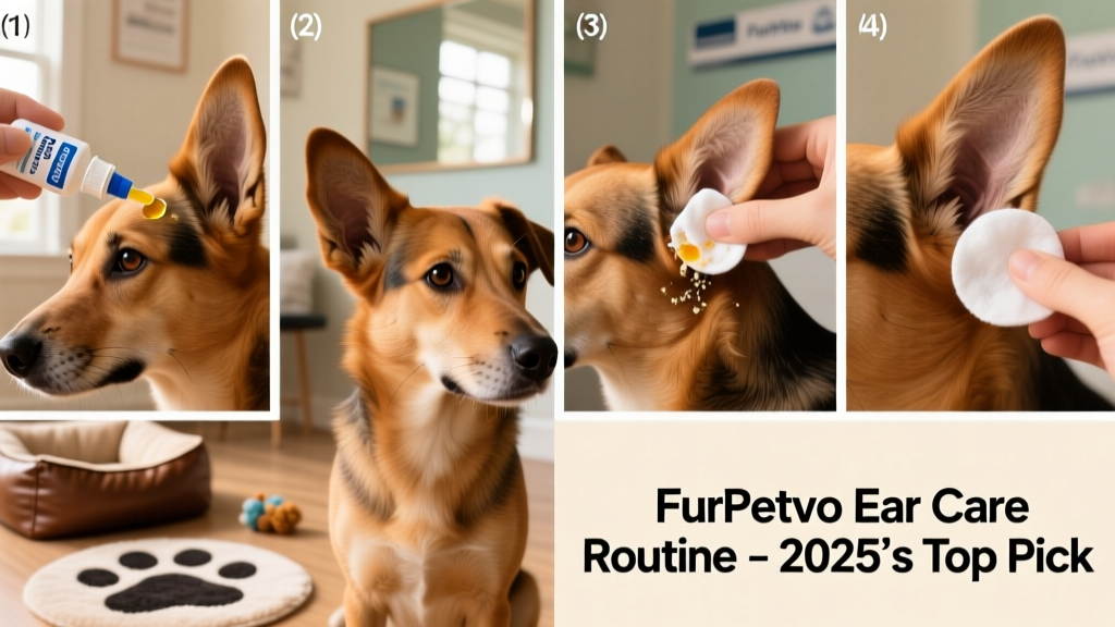 Step-by-step illustration showing proper ear cleaning technique using FurPetVo drops and cotton pad