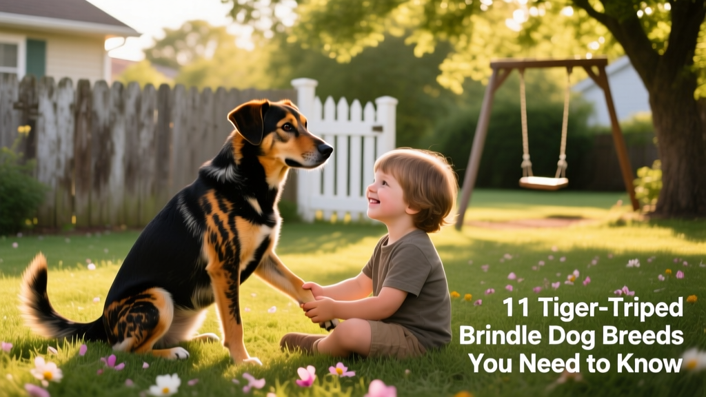 Friendly mixed-breed dog with bold brindle coat sitting beside a child in a sunlit backyard