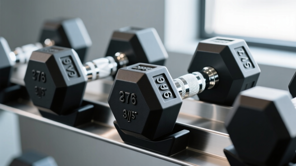 Close-up of premium urethane hex dumbbell heads showing the embossed weight markings and knurled chrome handles resting on a metal rack