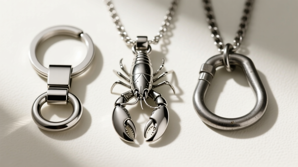 Flat lay of three keychain necklace clasps: a standard lobster claw, a barrel swivel, and a heavy-duty steel split ring.