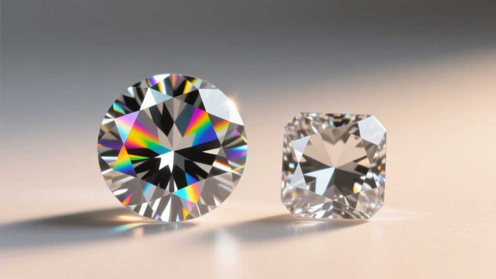 Macro view of round brilliant moissanite and cubic zirconia stones, displaying differences in rainbow fire and light dispersion.