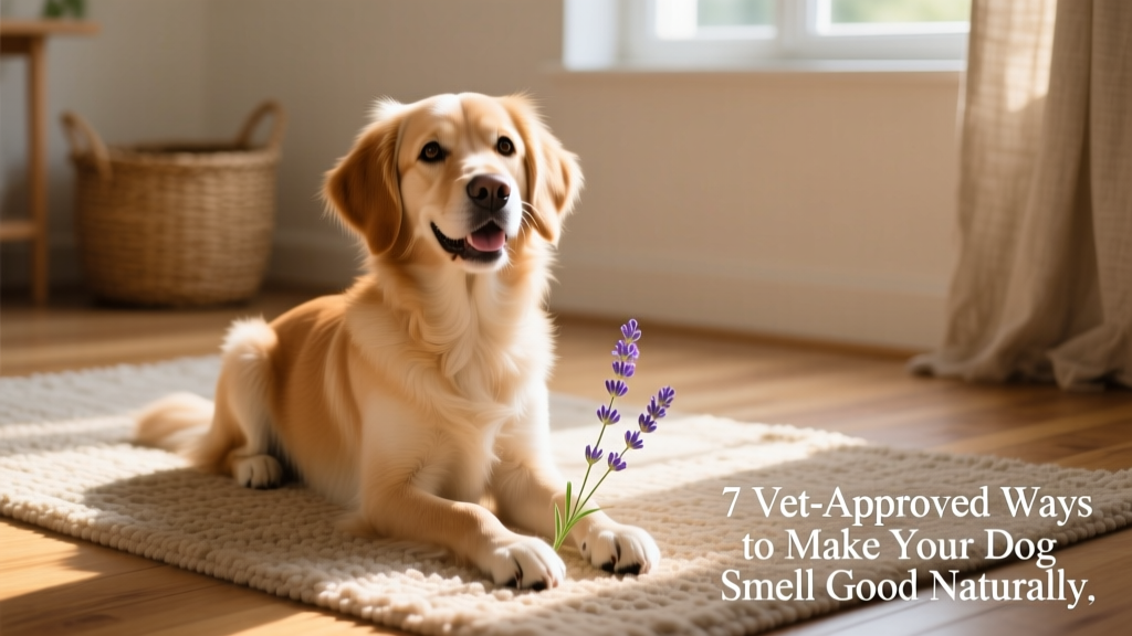 A happy, clean dog sitting on a sunlit rug with a sprig of lavender nearby