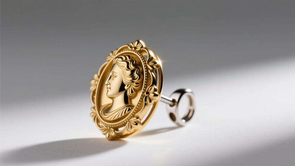Side view of a heavy gold cameo earring with an 18-gauge post and omega clip back, displayed against a soft neutral gray background