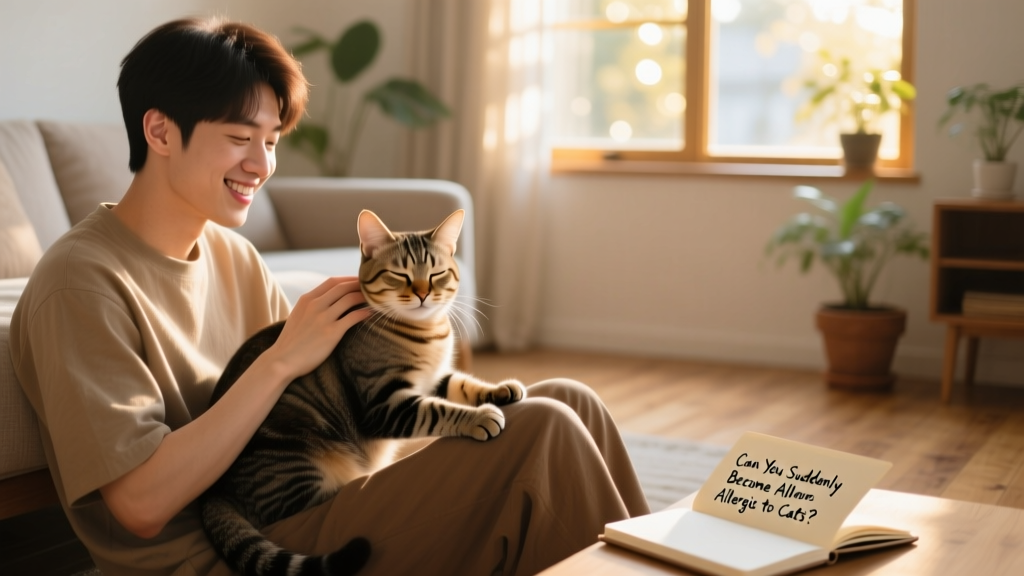 A person gently petting a calm, short-haired cat while smiling