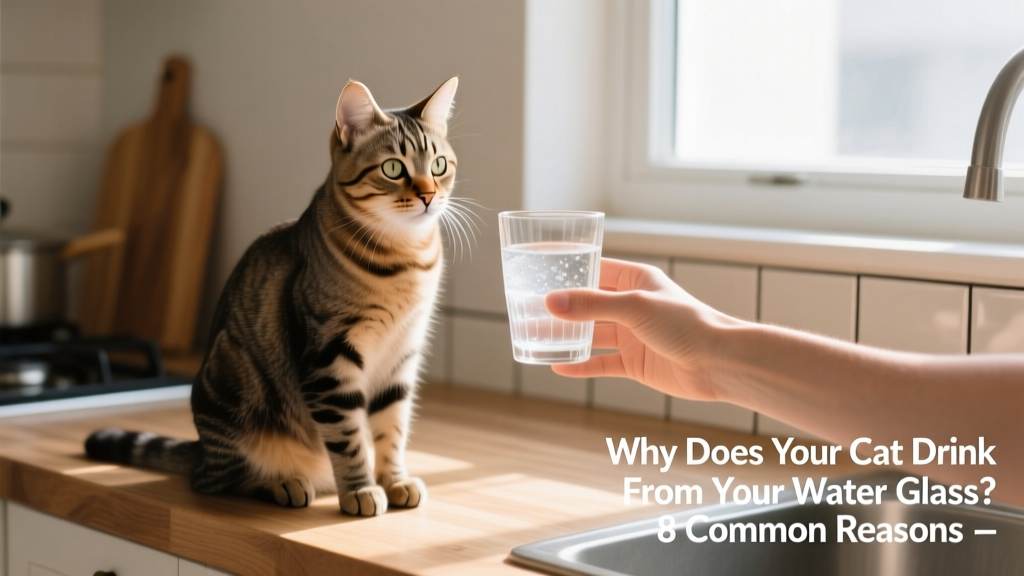 A cat sitting beside a human's hand holding a water glass, looking up expectantly
