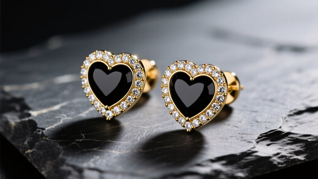 Macro shot of 18k gold black rhodium-plated heart stud earrings with pave diamond halo resting on dark textured slate
