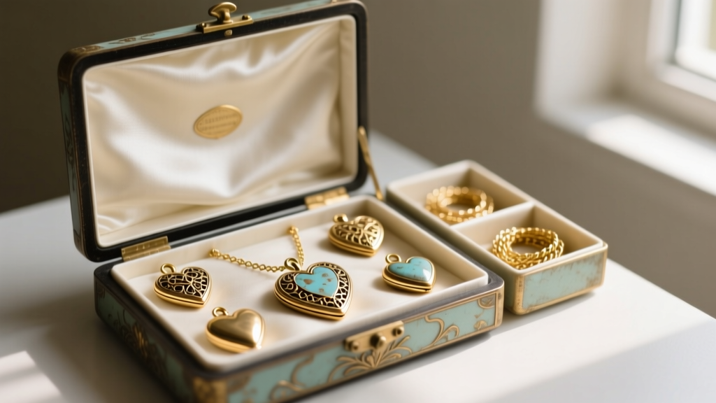 Open archival jewelry box lined with anti-tarnish cloth, containing neatly organized vintage heart lockets and gold-plated chains.
