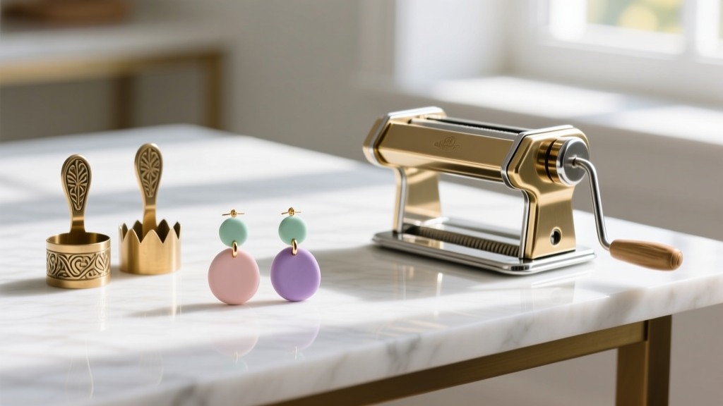 Pastel polymer clay earrings, brass cutters, and a pasta machine on a white marble desk under bright natural window light