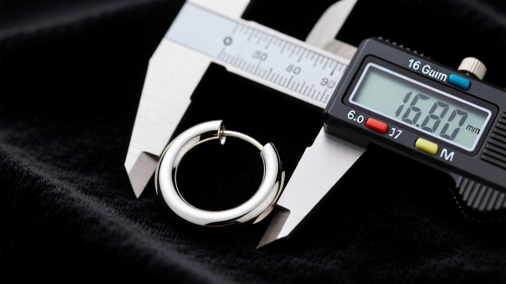 Digital calipers measuring the inner diameter of a polished 16-gauge titanium 6.0 mm huggie hoop earring on dark velvet