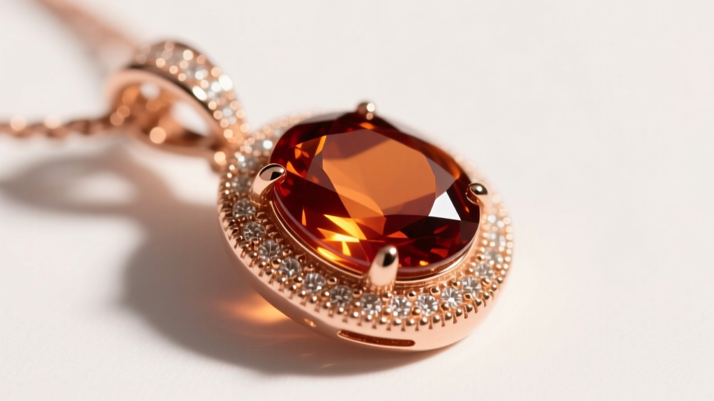 Close-up of a 14k rose gold bezel-set carnelian pendant with granulation details, glowing under warm directional studio lighting.