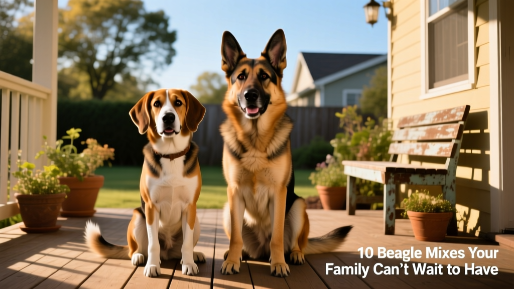 two german shepherd beagle mixes with beagle heads and shepherd bodies sitting outside