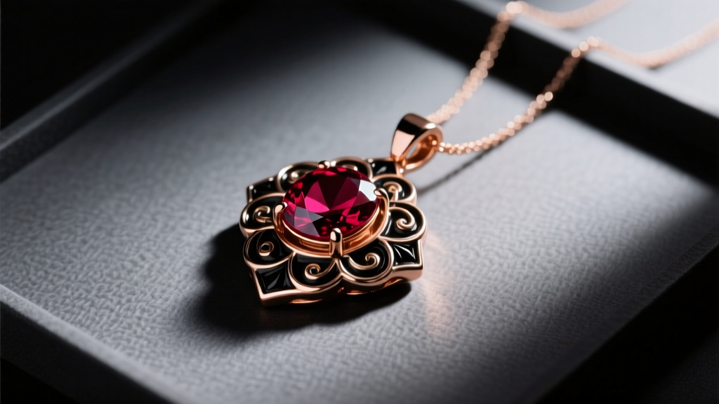 Flat lay of a dark romance jewelry board showing a 14k rose gold pendant with a deep red ruby center and black enamel detailing.