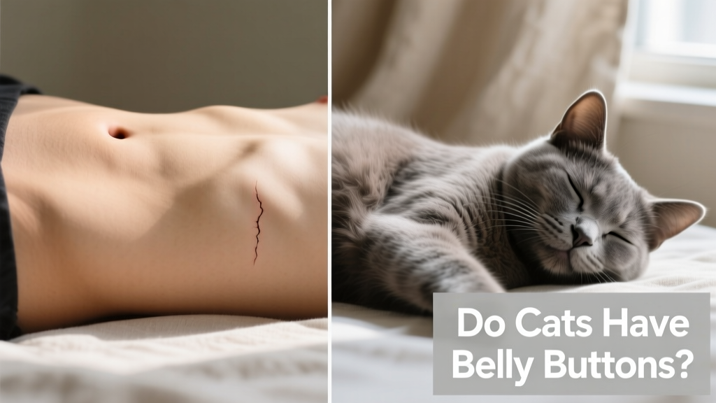 Side-by-side comparison: human navel vs. subtle feline umbilicus location on a cat's abdomen