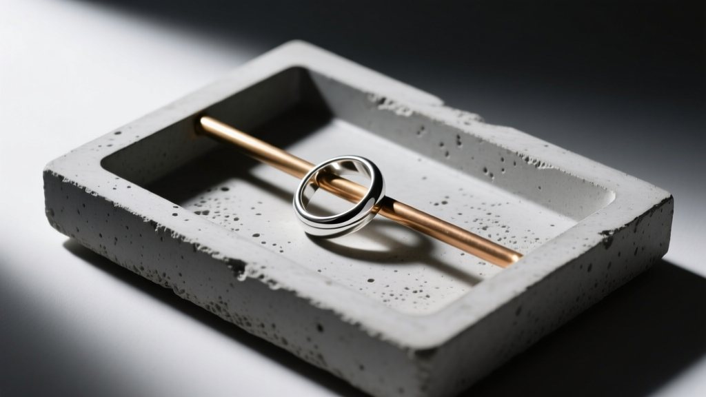 Close-up of a DIY poured concrete tray with embedded brass rods holding silver rings, lit by dramatic moody directional lighting.