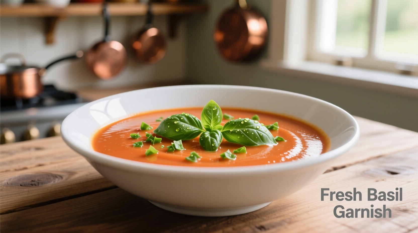 Creamy tomato bisque soup in white bowl with fresh basil