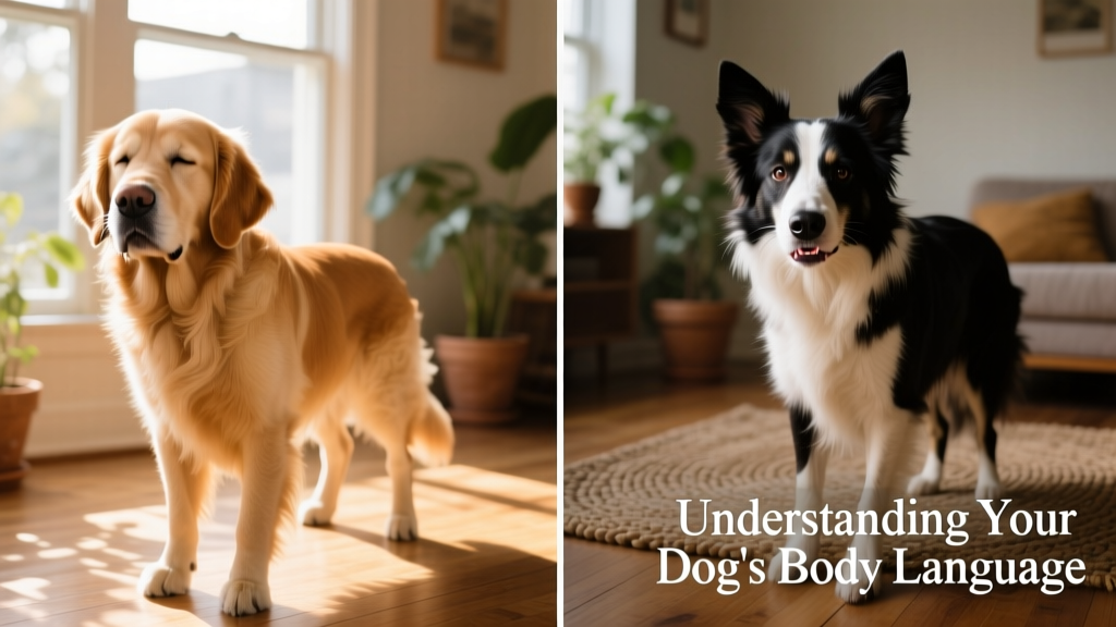 Side-by-side comparison showing a dog with relaxed ears and soft eyes versus one with pinned-back ears and tense mouth