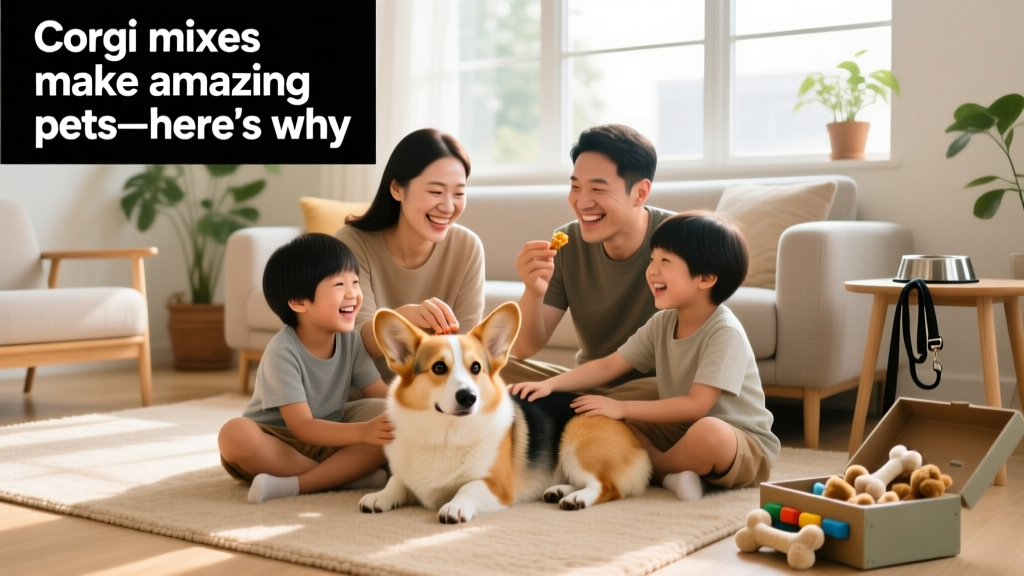 A smiling family sitting on a living room floor with a fluffy Corgi mix curled up between them