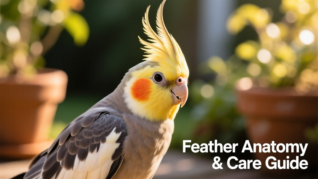 Close-up of a healthy cockatiel showing smooth, glossy contour feathers and a raised crest
