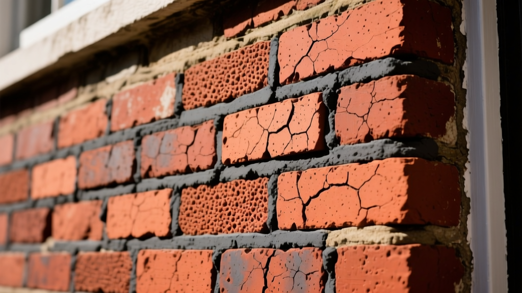 Close-up of stacked Melrose red clay bricks with rough ironstone texture laid with dark gray mortar on a heritage exterior wall
