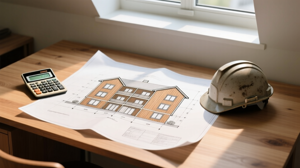 Architectural blueprint of a four-story wood-frame apartment building resting on a wooden desk with a calculator and hard hat nearby