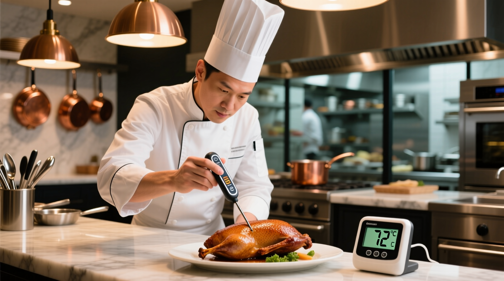 Professional chef checking food temperature with digital thermometer