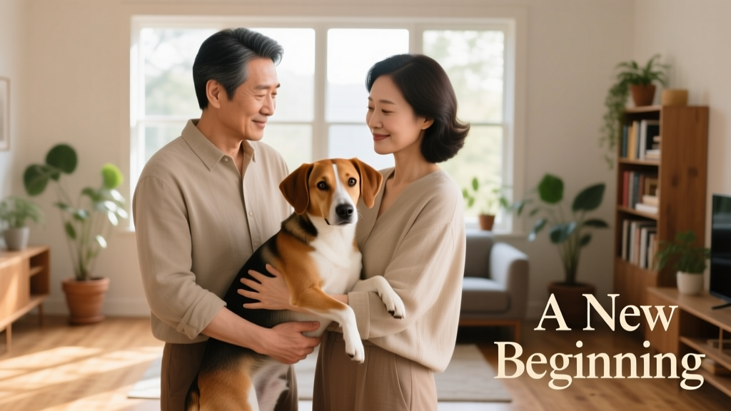 Two people smiling while gently holding a calm dog between them, symbolizing a respectful, trusting pet handoff