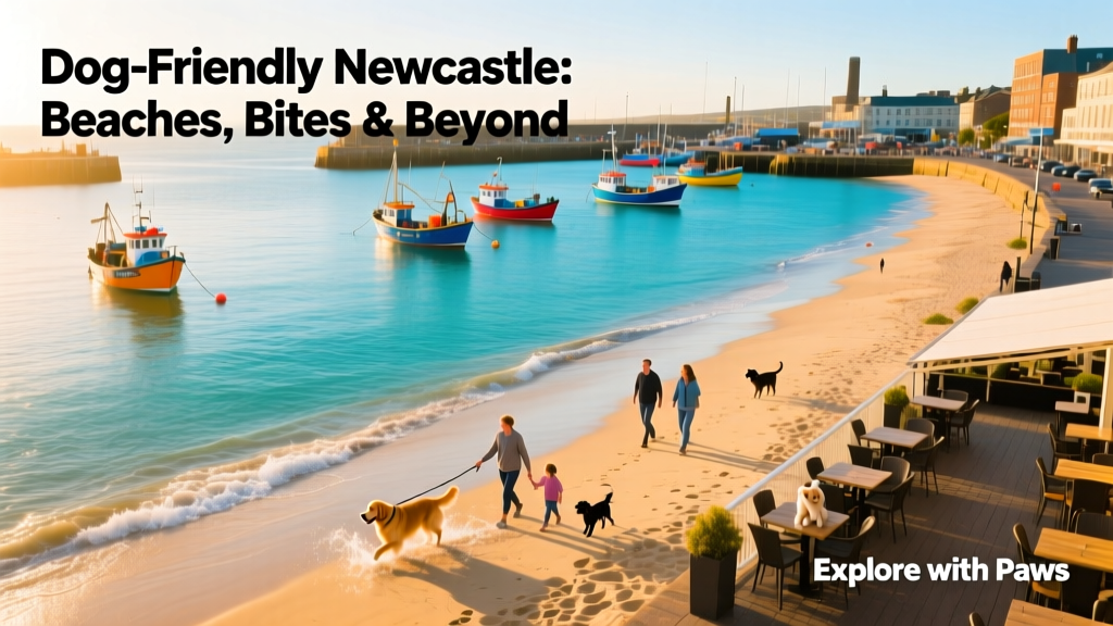 Aerial view of Newcastle coastline with beaches, harbour, and blue sea