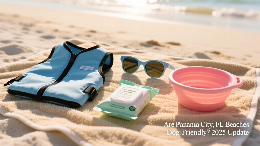 A curated selection of dog beach essentials: a lightweight cooling vest, UV-blocking dog sunglasses, saltwater-rinse wipes, and a collapsible silicone bowl laid out on a sandy towel