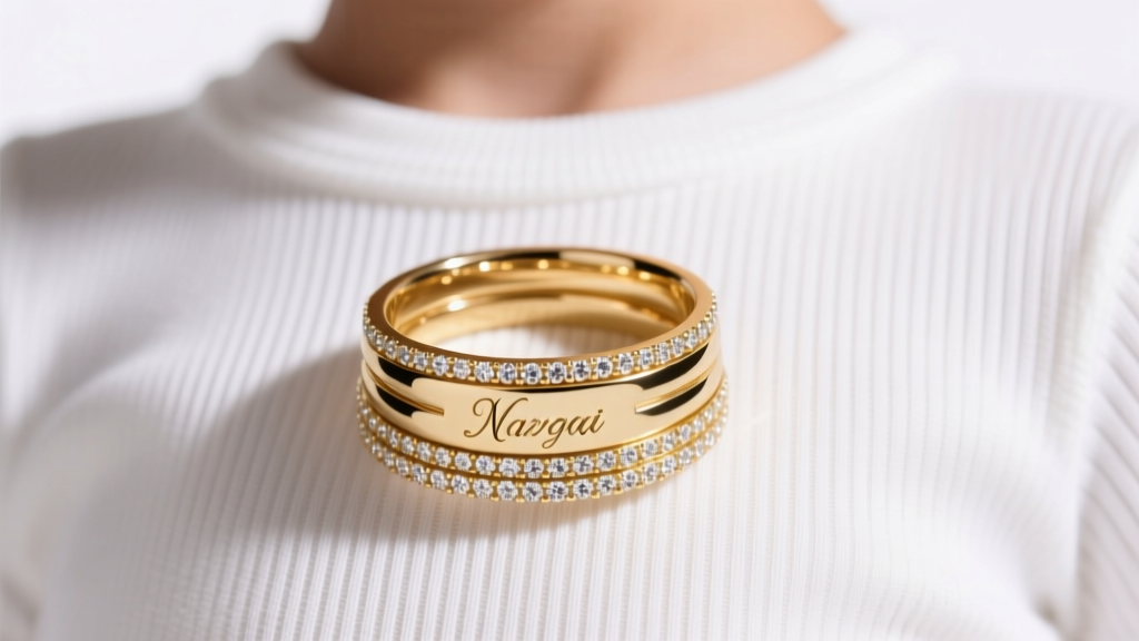 Layered 14k gold stack with a diamond cursive nameplate on a white ribbed baby tee under bright studio lighting.