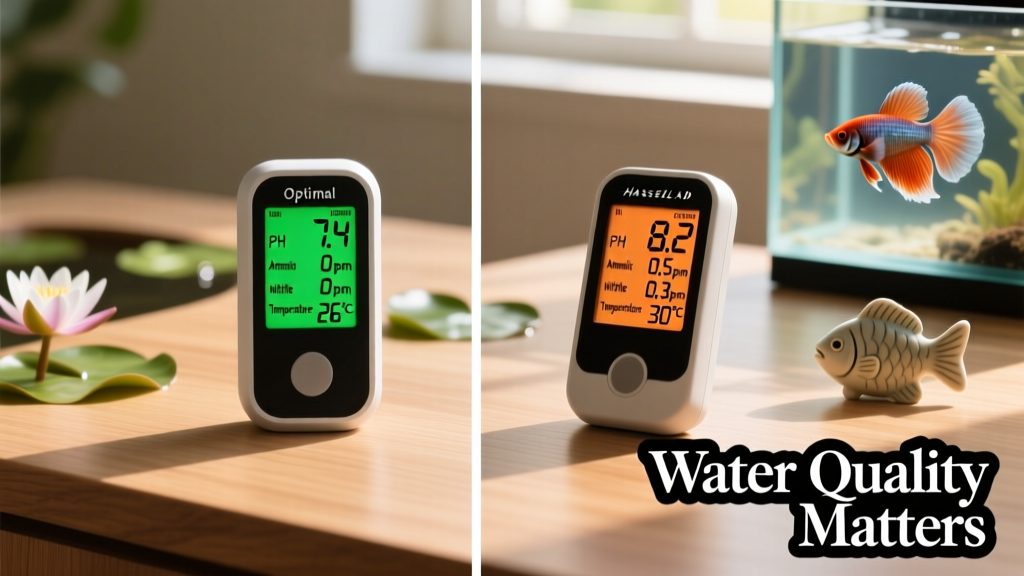 Side-by-side comparison showing optimal vs. suboptimal water parameter readings on a digital aquarium tester