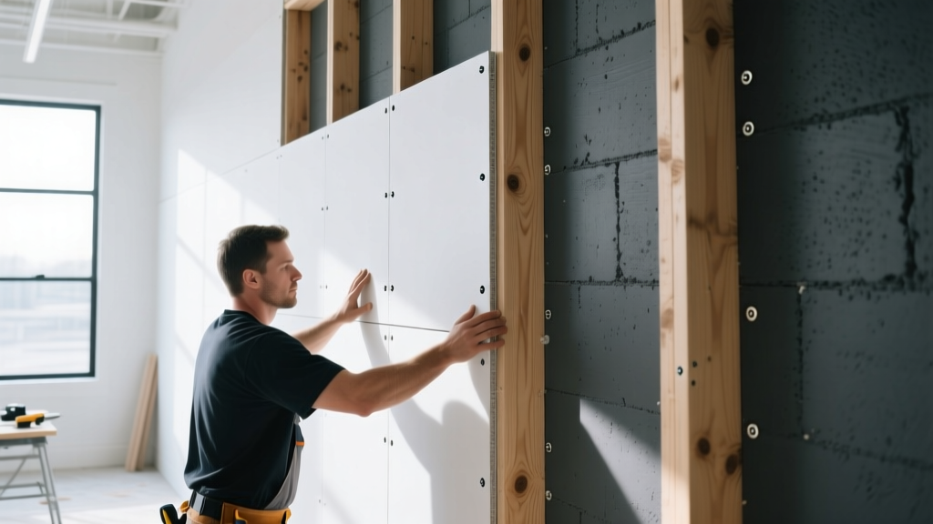 Worker installing white gypsum drywall next to dark gray fiber cement panels on wood studs in a bright commercial framing studio