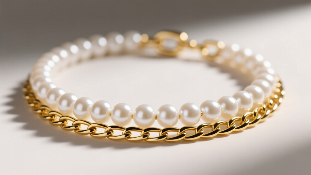 Close-up of a 3mm white freshwater pearl rice bead necklace layered with a 14k yellow gold figaro chain in soft natural light.