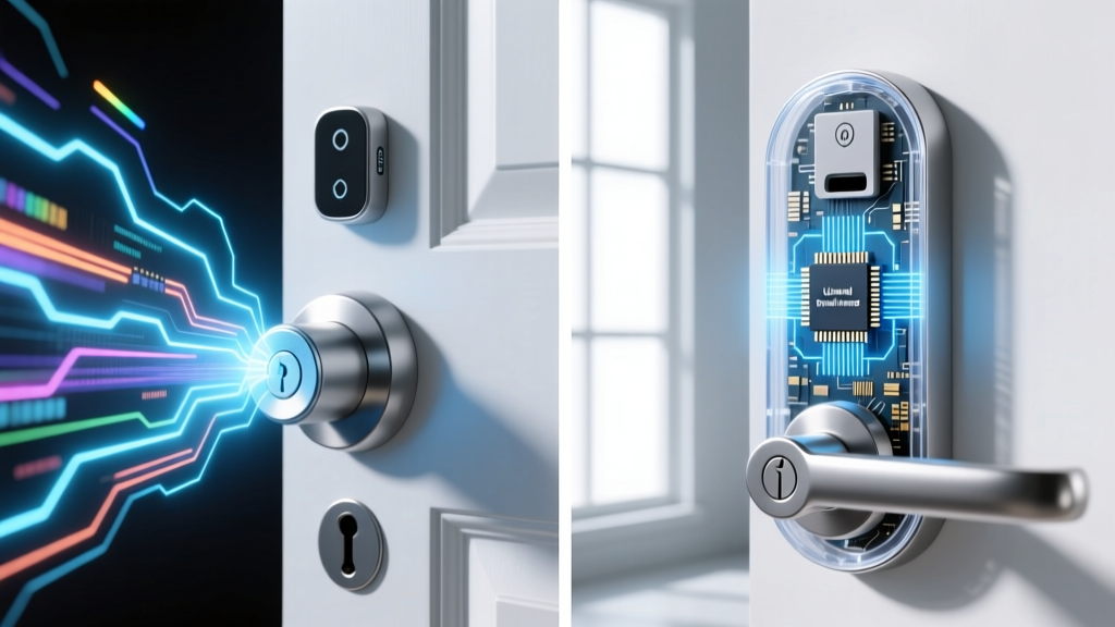 Split-screen diagram showing a relay attack being blocked by an ultra-wideband spatial awareness chip inside a deadbolt.