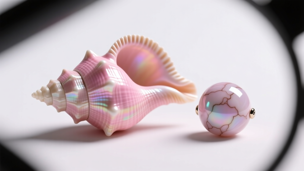 Genuine pink conch shell bead next to a dyed howlite imitation, viewed under a 10x jeweler's loupe on a dark velvet pad.