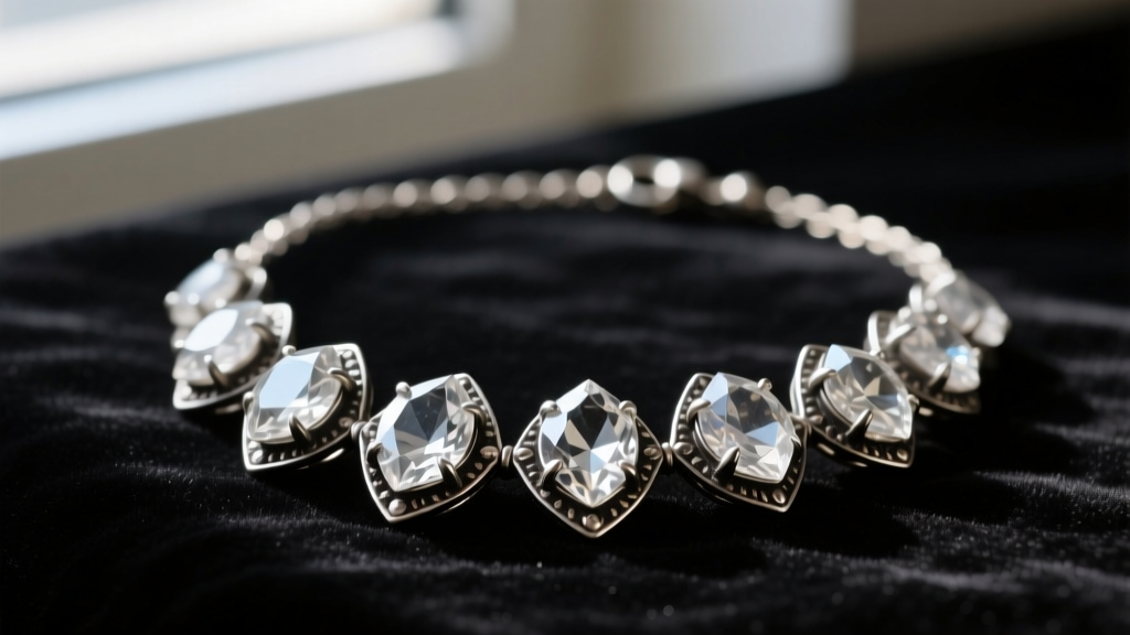 Macro shot of a vintage rock crystal necklace with faceted quartz stones in oxidized silver settings resting on dark velvet.