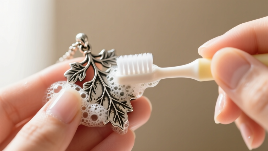 Hands using a soft baby toothbrush and mild soap suds to gently clean intricate crevices of an antique silver ivy leaf pendant.