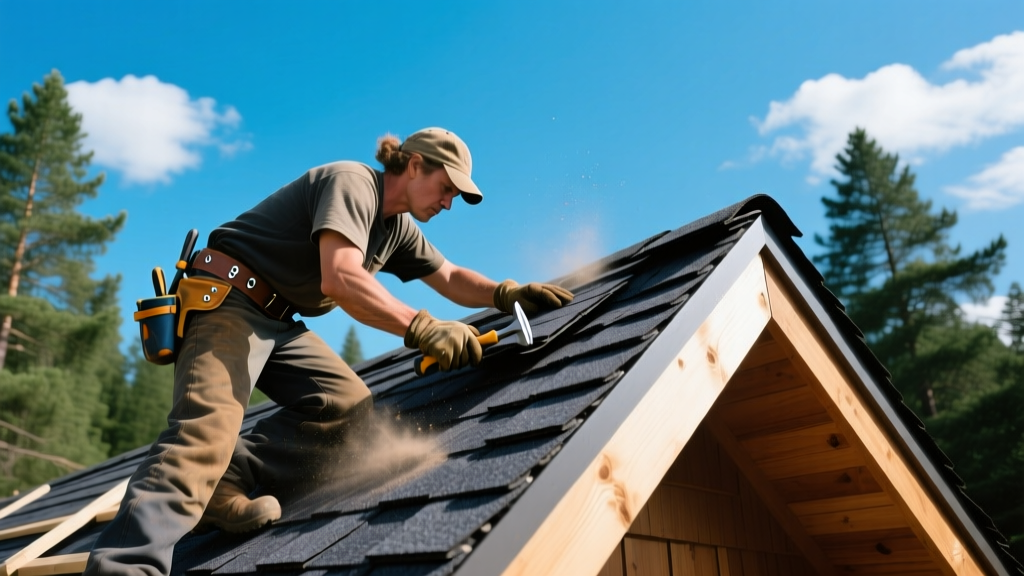 Roofer installing dark charcoal fiberglass asphalt shingles on a steep pitched roof against a bright blue sky and pine trees