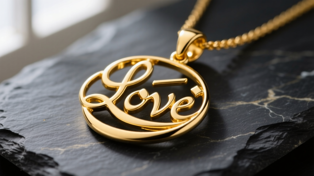Macro shot of an 18k yellow gold pendant featuring the word Love in flowing Diwani Arabic calligraphy, resting on dark slate
