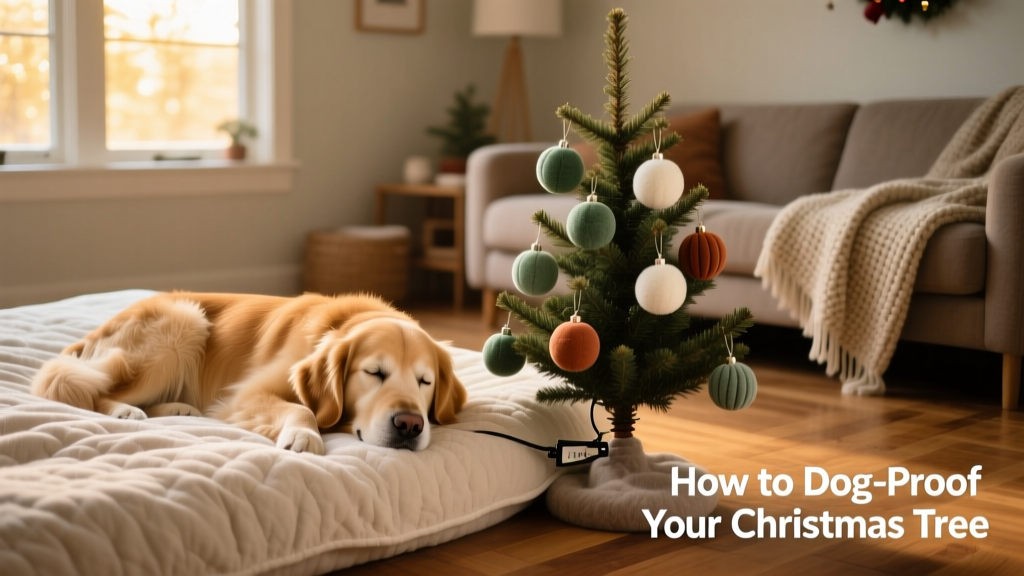 A calm dog resting on a cozy bed beside a securely anchored, simply decorated FurPetVo tree with plush ornaments and no visible cords